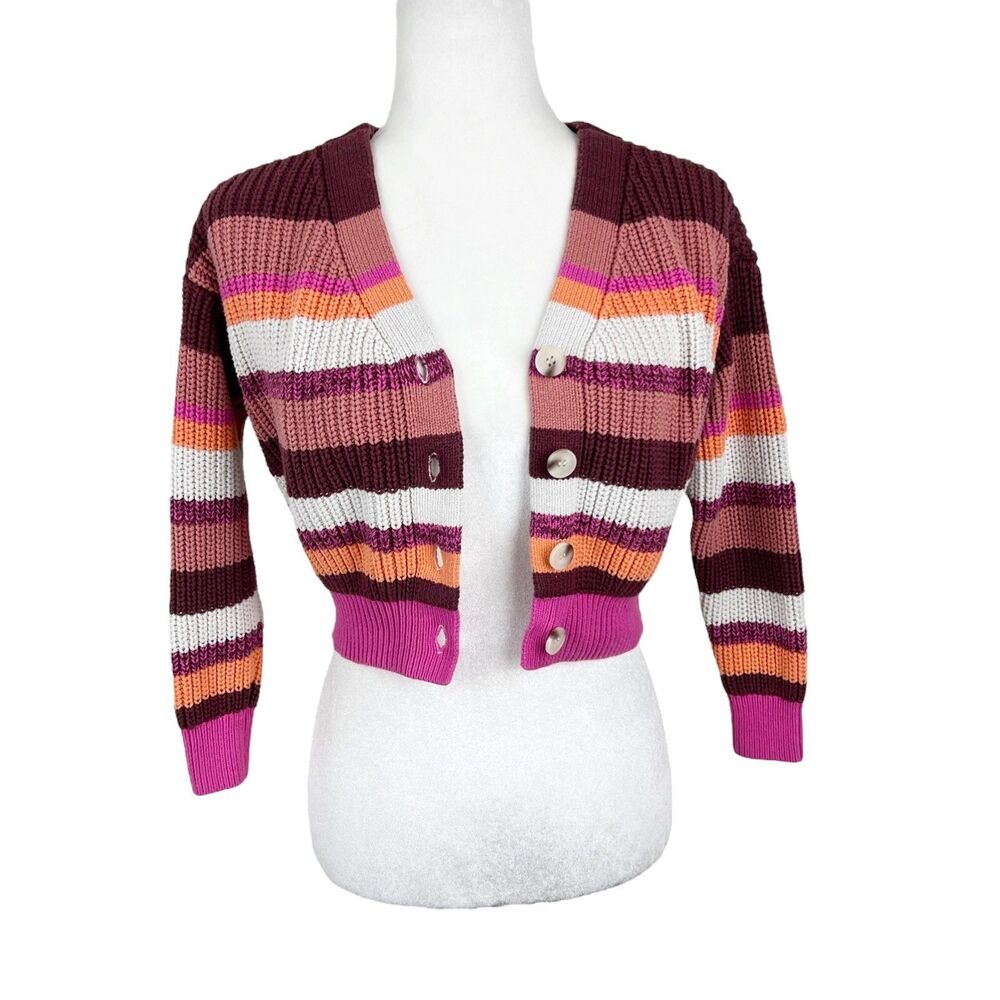 Jessica Simpson Sweater Women Small Pink Orange Striped Button Up Cardigan - Picture 2 of 12